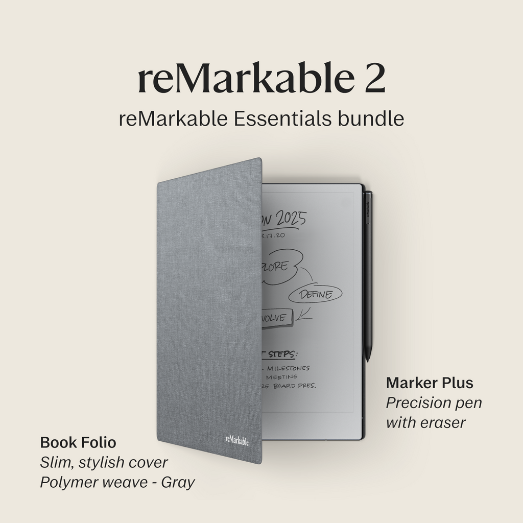 reMarkable 2 – 10.3” Paper Tablet with Marker Plus and Polymer Weave Book Folio – Gray