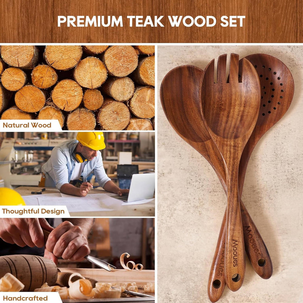 6-Piece Natural Teak Wooden Spoons for Cooking With 10 Hooks，Handcrafted Kitchen Utensils Set ，Ideal Gift Set