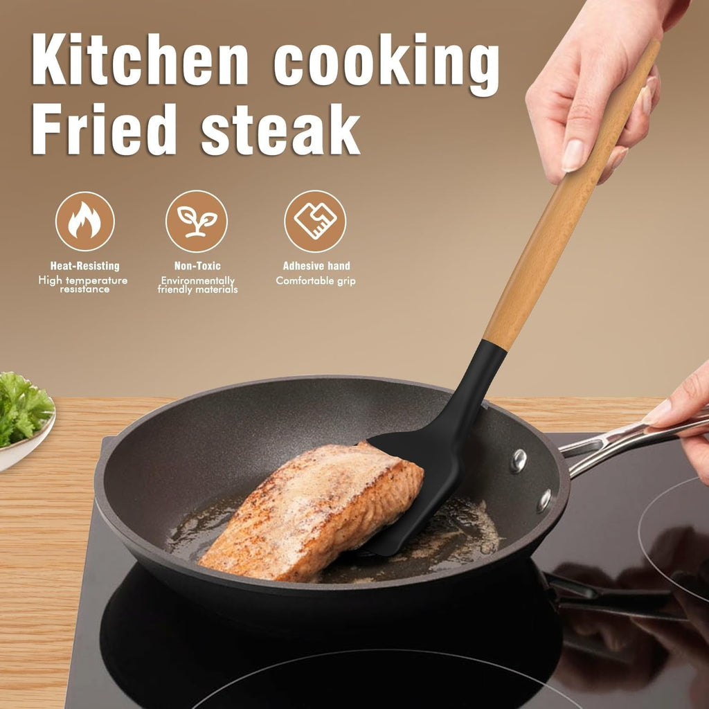 Silicone Cooking Utensils Set - Silicone Kitchen Utensils for Cooking Wooden Handles, 446°F Heat Resistant Kitchen Ut...