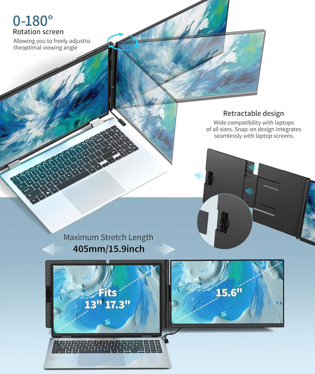 Laptop Screen Extender - 15.6" FHD 1080P Portable Monitor for Laptop, Detachable & Plug and Play Dual Laptop Monitor Extender for 13"-17.3" Laptops, Compatible with Wins/Mac/Android/Chrome