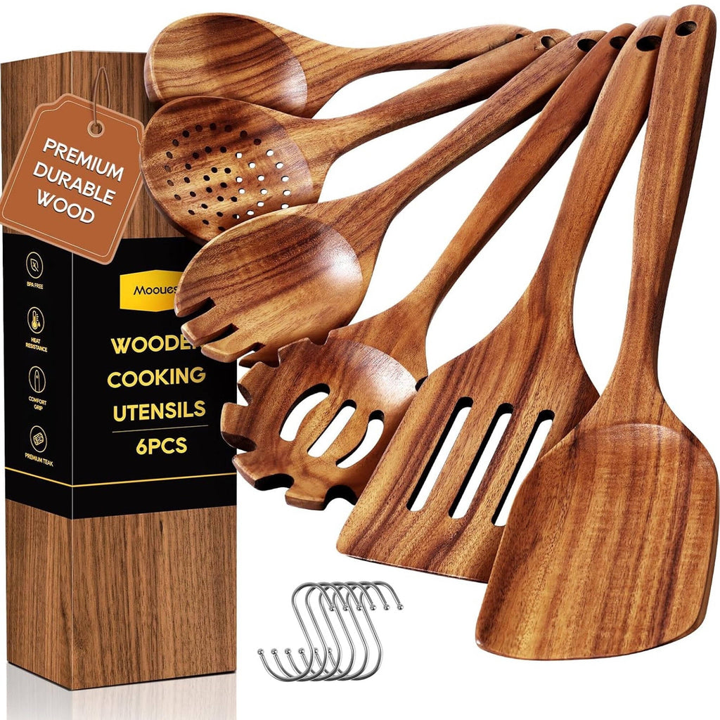 6-Piece Natural Teak Wooden Spoons for Cooking With 10 Hooks，Handcrafted Kitchen Utensils Set ，Ideal Gift Set