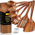 6-Piece Natural Teak Wooden Spoons for Cooking With 10 Hooks，Handcrafted Kitchen Utensils Set ，Ideal Gift Set