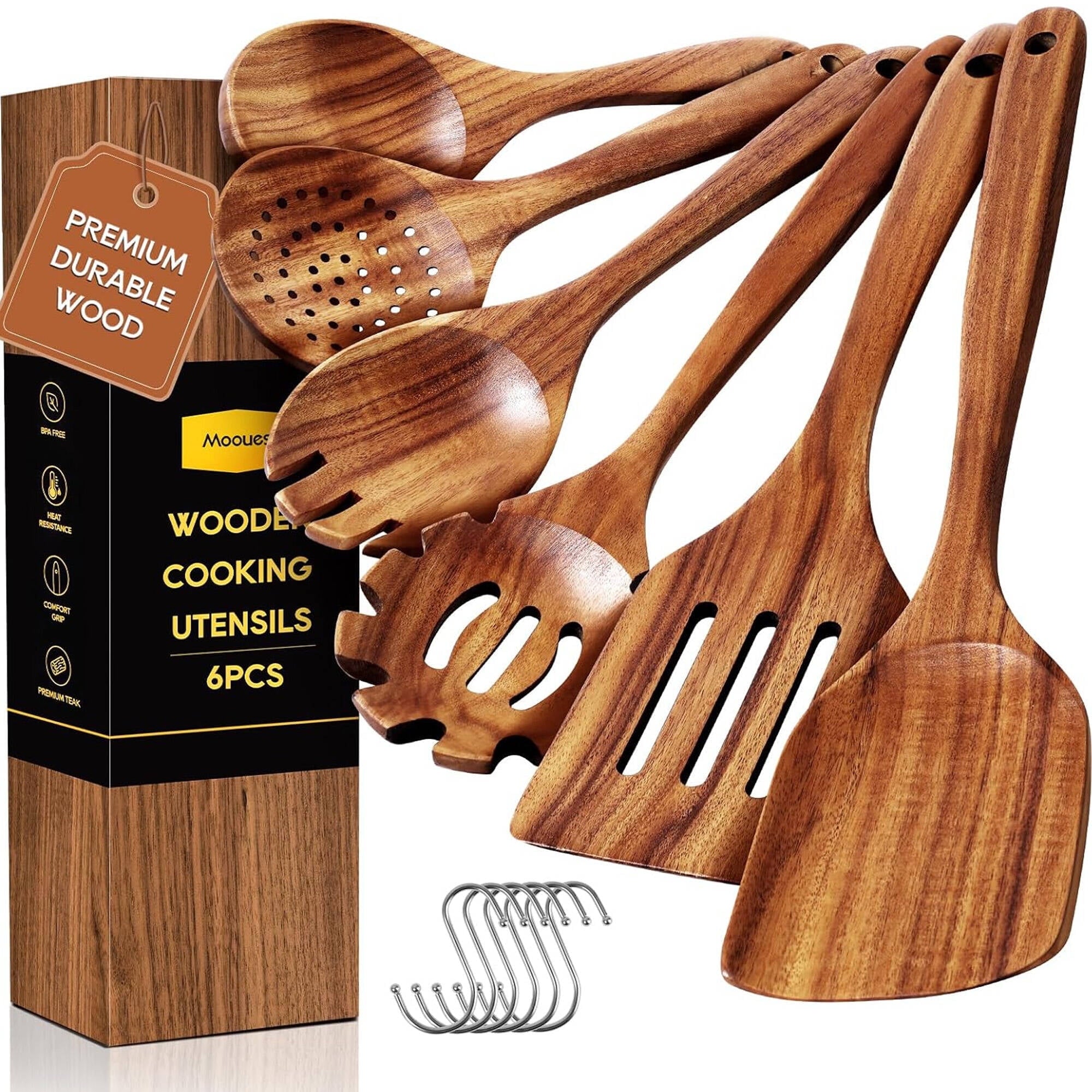 6-Piece Natural Teak Wooden Spoons for Cooking With 10 Hooks，Handcrafted Kitchen Utensils Set ，Ideal Gift Set