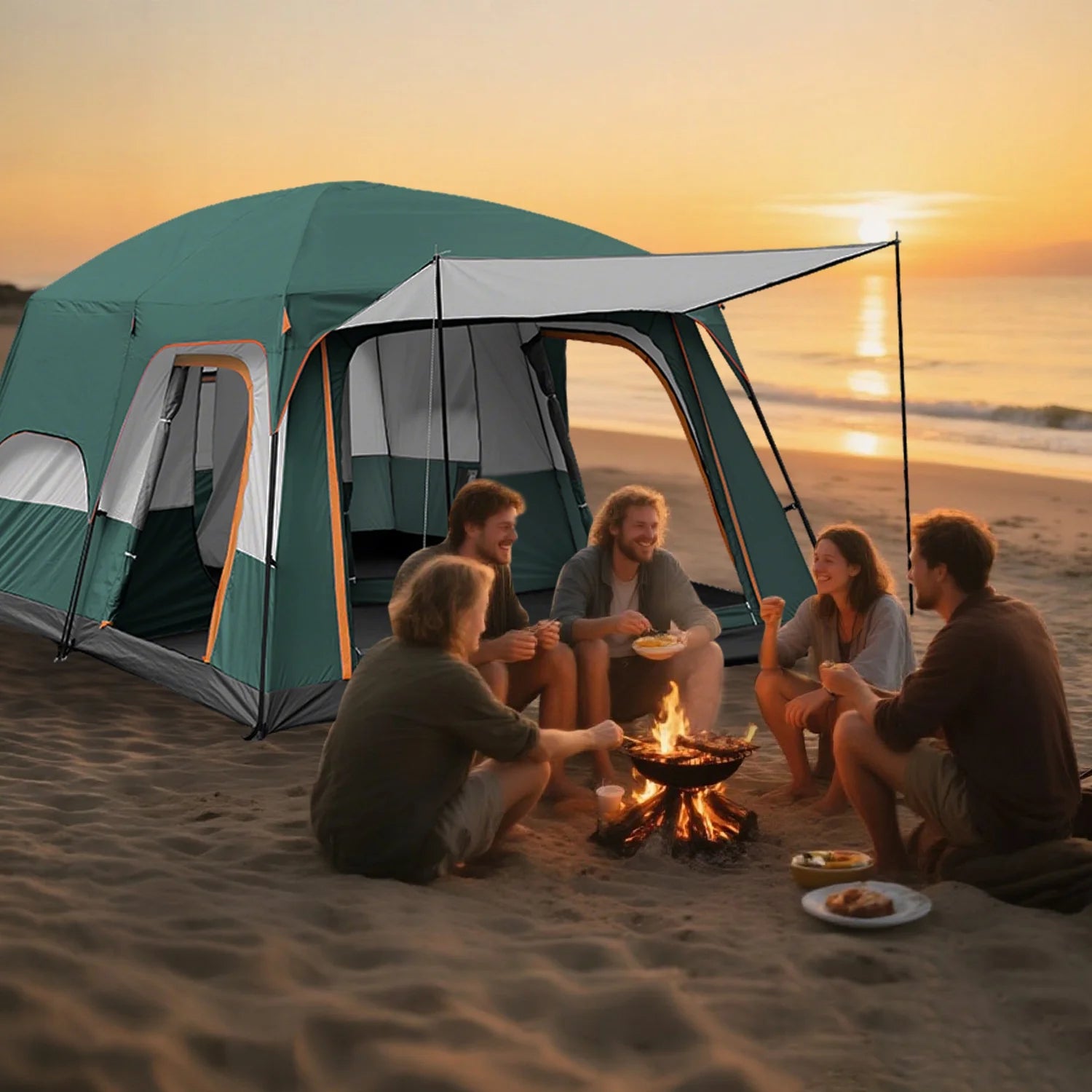 KFeng 12 Person Tents for Camping - 2Rooms 3Doors&3Windows Mesh,Suitable for Outdoor/Picnic,Brown