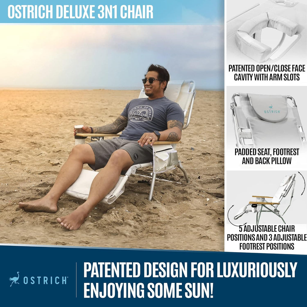 Deluxe 3 in 1 Beach Chair with Face Opening - Portable, Reclining Lounger for Tanning - Face Hole for Reading on Stomach - Padded Footrest, Removable Pillow - Aluminum