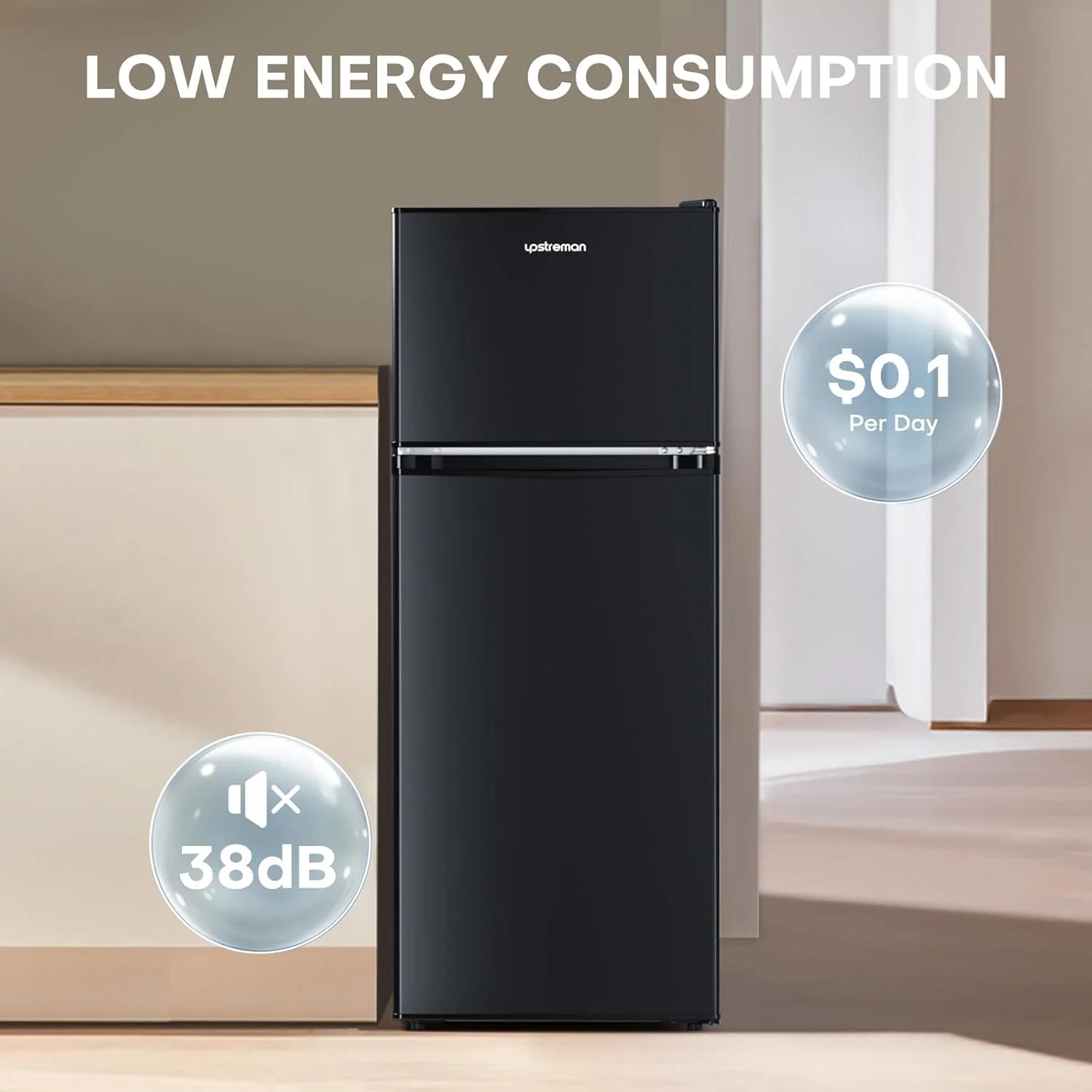 Upstreman 4.0 Cu.Ft Mini Fridge with Freezer – Double Door Compact Refrigerator for Dorm, Office, Bedroom – Adjustable Thermostat, Black (BR401)