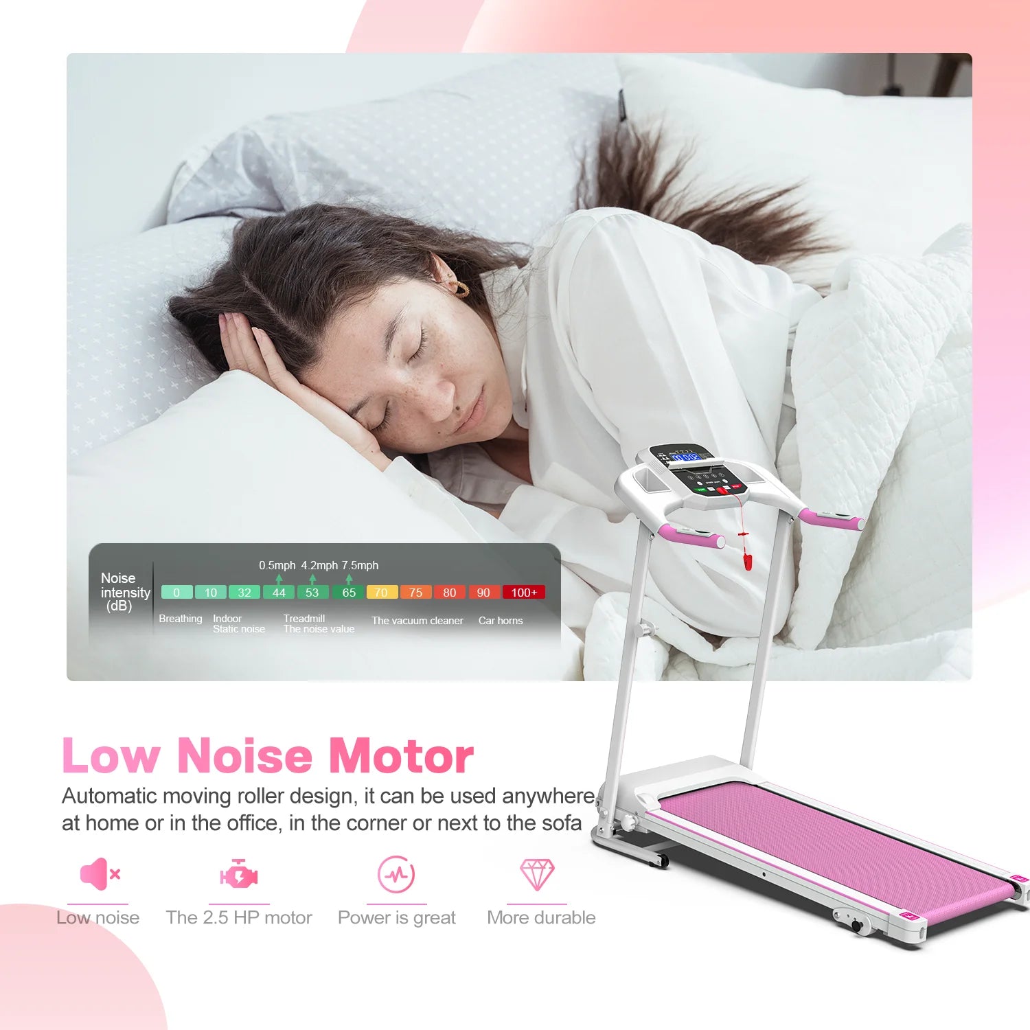 FYC Foldable Treadmills for Home, 2.5 HP, 7.5 MPH, Electric Running Treadmill Quiet Brushless Proform Treadmill for Home Gym, Running Machine with Heart Rate Sensor with LED Display (Pink)