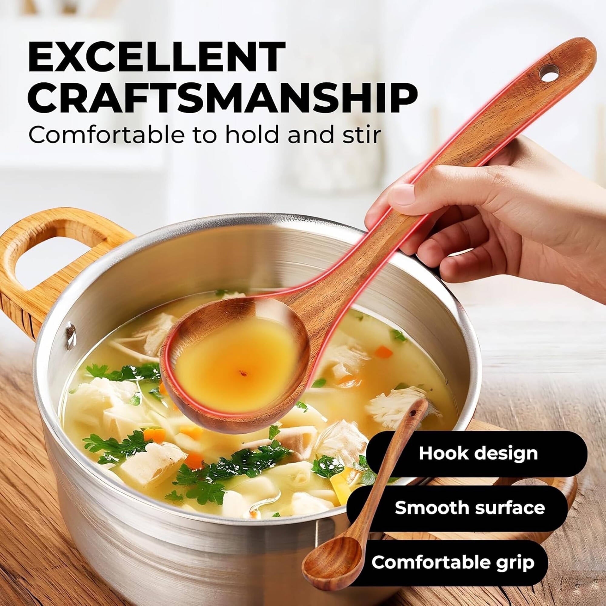 6-Piece Natural Teak Wooden Spoons for Cooking With 10 Hooks，Handcrafted Kitchen Utensils Set ，Ideal Gift Set