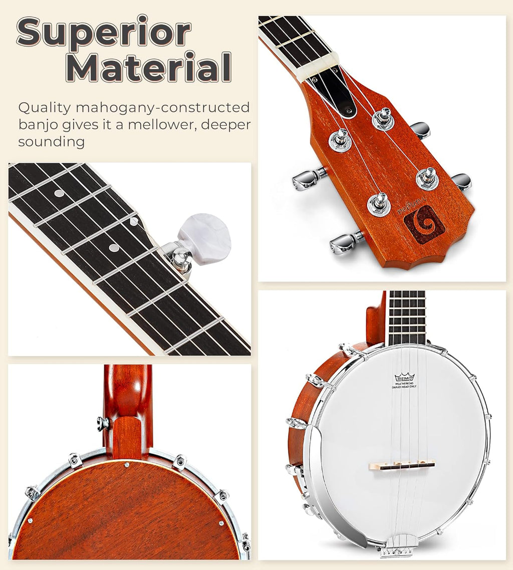 String Banjo 26 Inch MINI Travel Banjo Banjo Beginner Kit with Remo Head Open Back & Closed Solid Back with beginner Kit Comfortable Carrying Bag