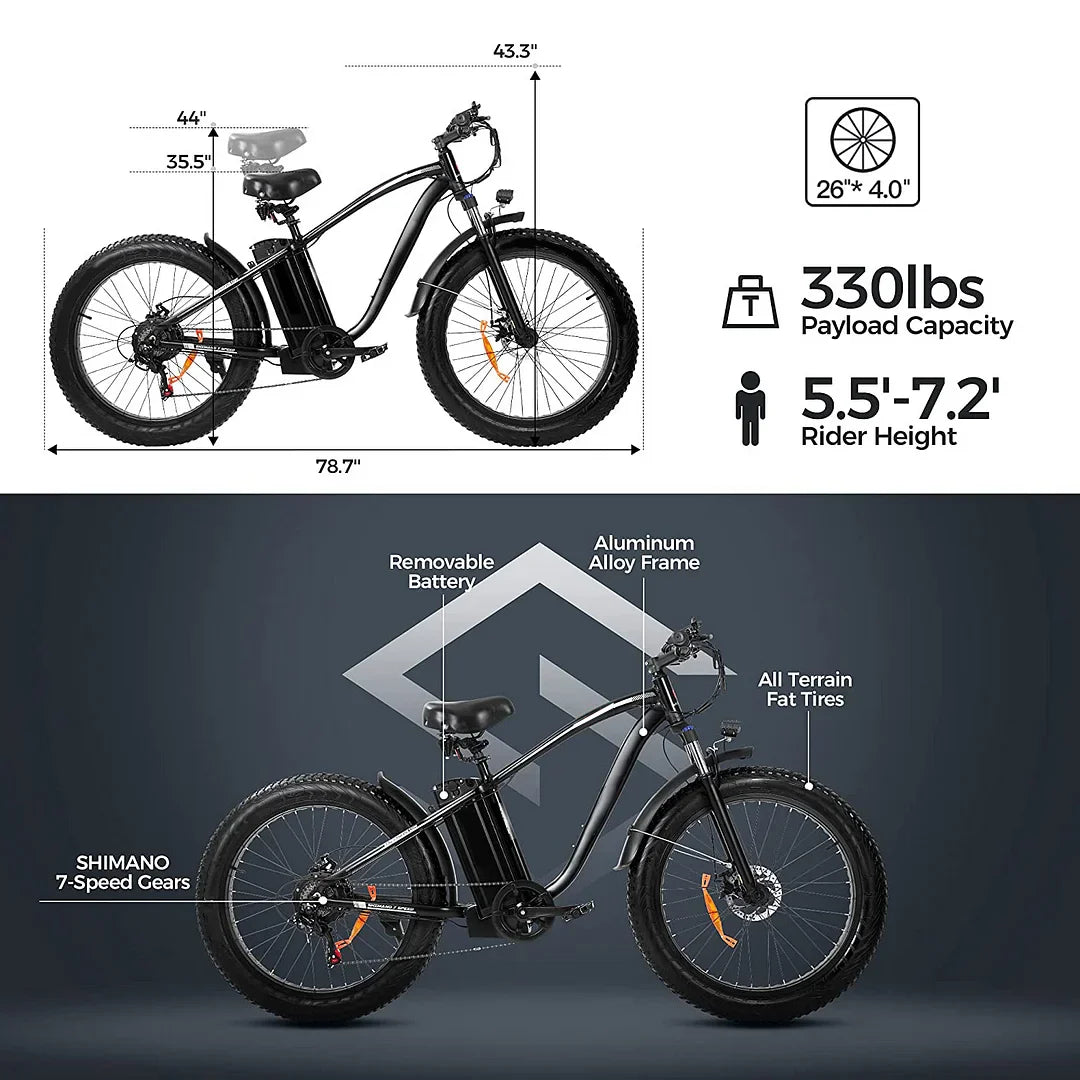 750W Electric Mountain Bike - 48V/15Ah Battery, Dual Disc Brakes, Shimano 7-Speed, Black