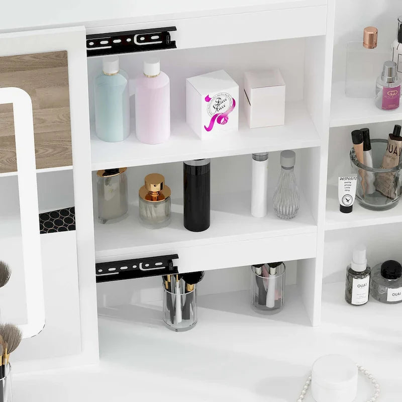 White Makeup Vanity Set with LED Mirror and Stool - 39.4" Wide