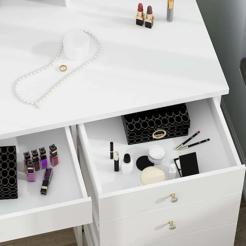 White Makeup Vanity Set with LED Mirror and Stool - 39.4" Wide