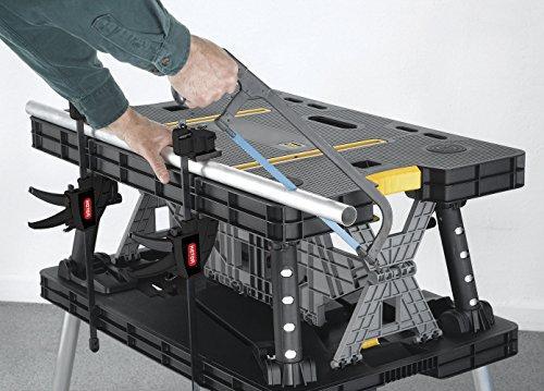 Keter ?C 197283 Folding Table Work Bench for Miter Saw Stand Woodworking Tools and Accessories with Included 12 Inch Wood Clamps ?C Easy Garage Storage Black/Yellow