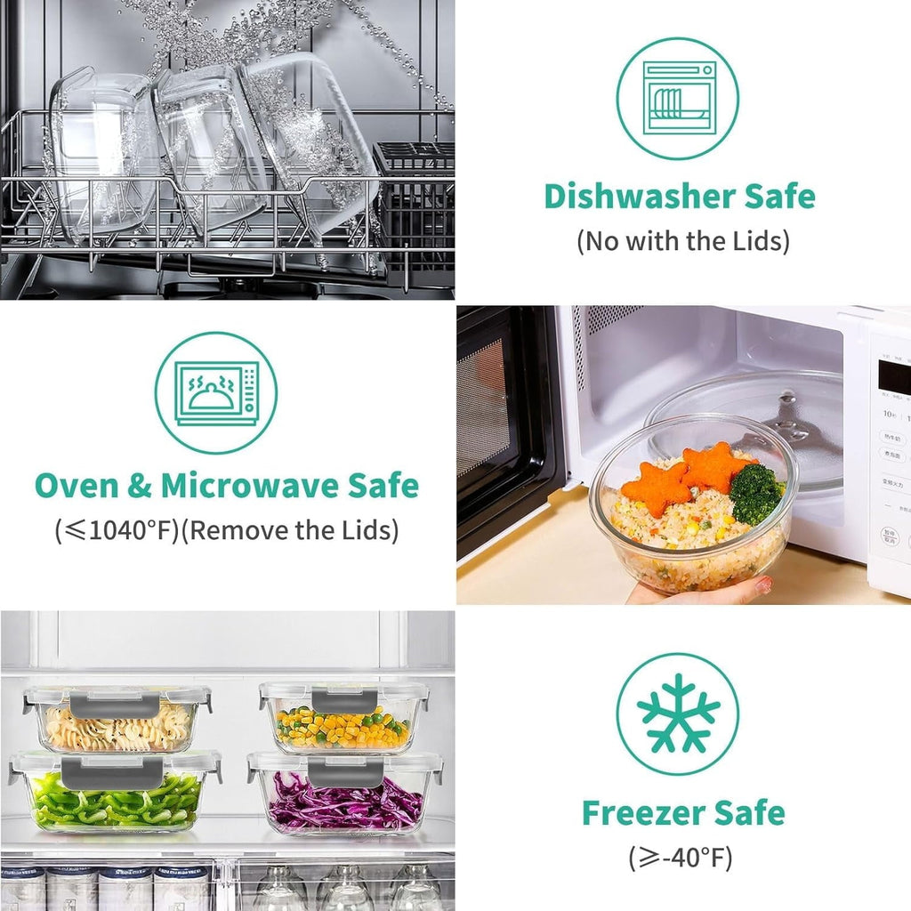 34pcs Glass Food Storage Containers with Lids Set, Airtight Meal Prep Containers (17 Containers & 17 Lids), Grey