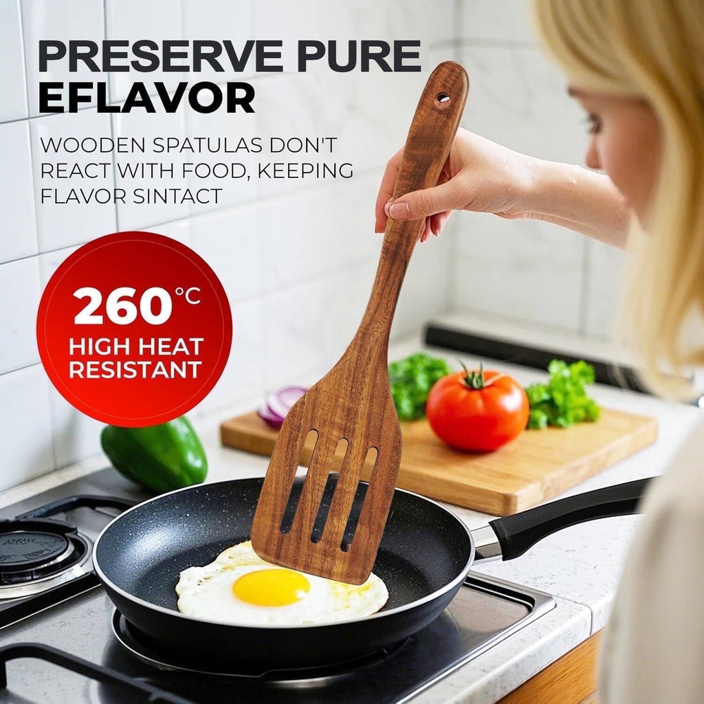 6-Piece Natural Teak Wooden Spoons for Cooking With 10 Hooks，Handcrafted Kitchen Utensils Set ，Ideal Gift Set