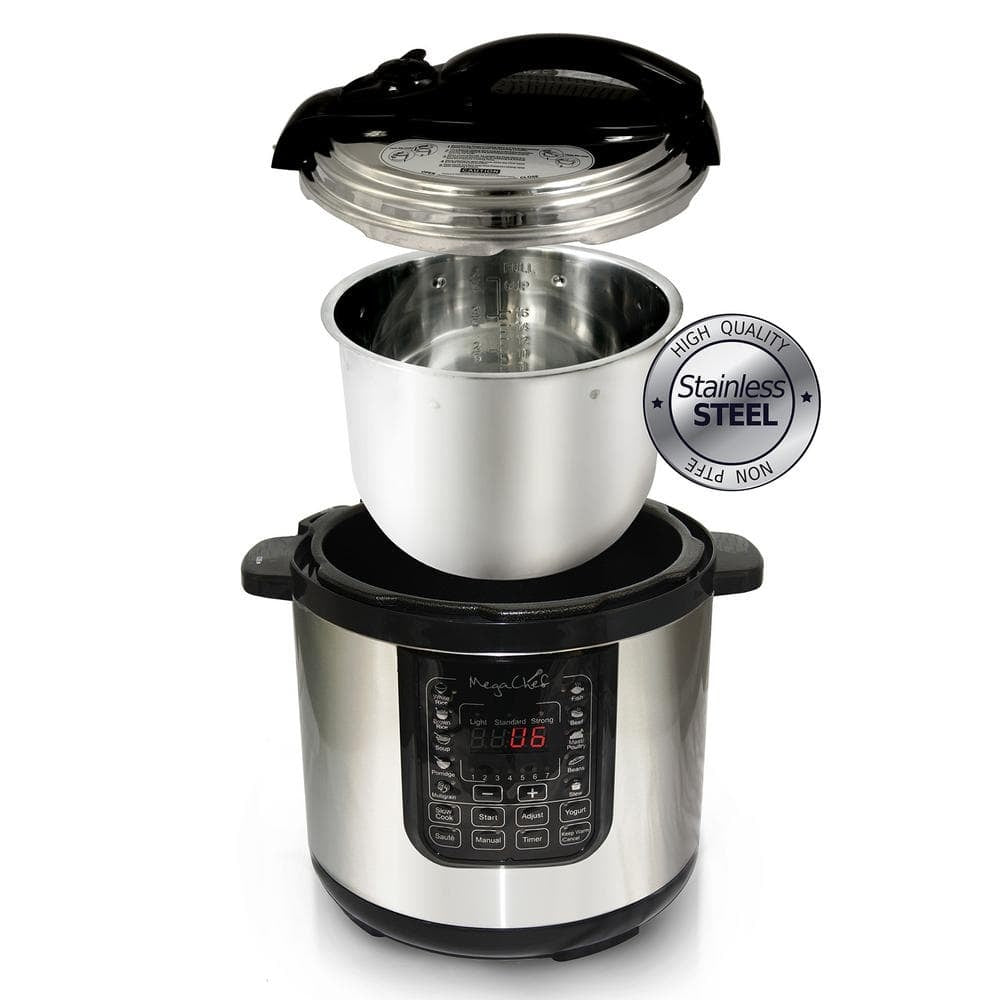 MegaChef 8 Qt Stainless Steel Electric Pressure Cooker with Digital Presets & Slow Cook Function