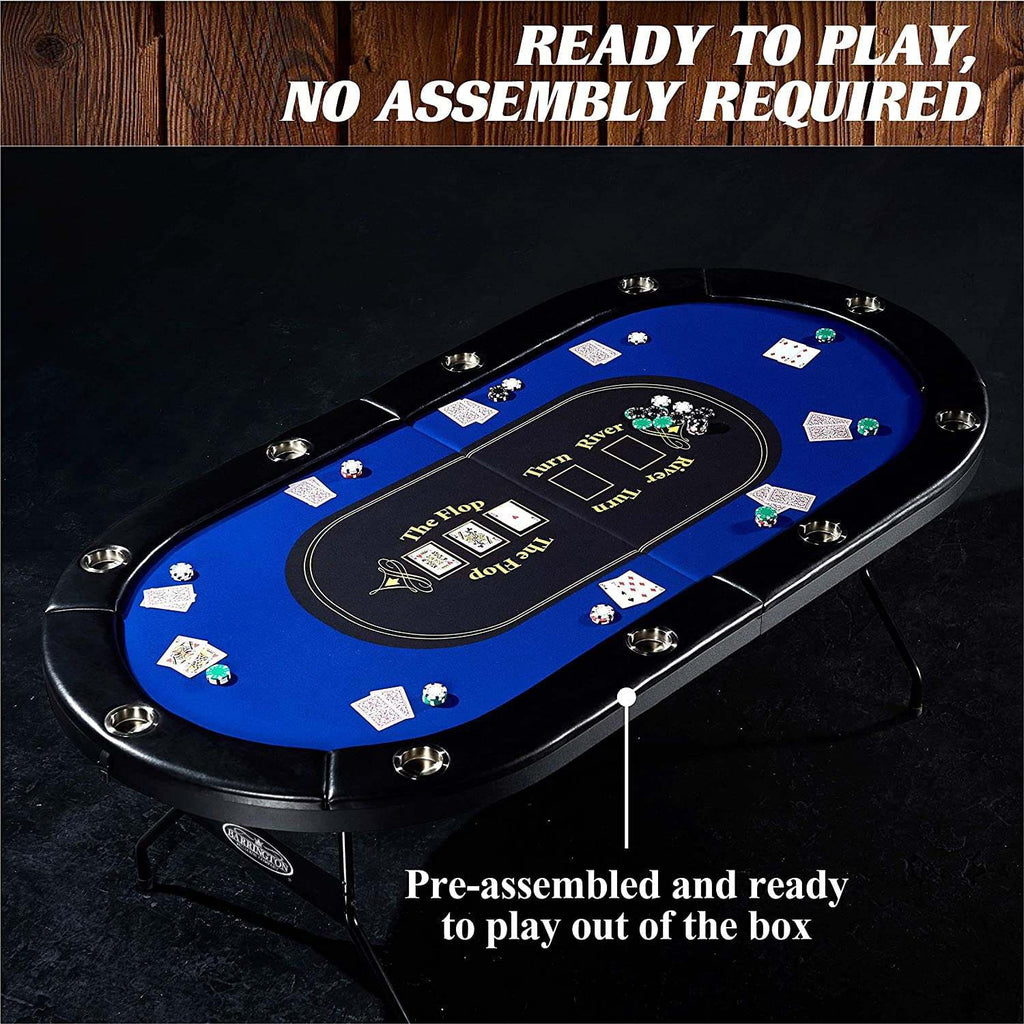Barrington 10 Player Blue Poker Table with Metal Frame and Cup Holders, No Assembly Required
