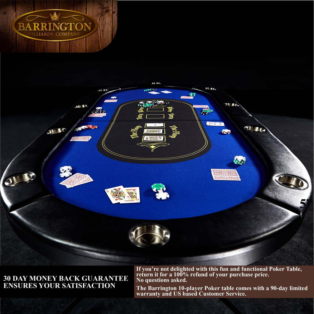 Barrington 10 Player Blue Poker Table with Metal Frame and Cup Holders, No Assembly Required