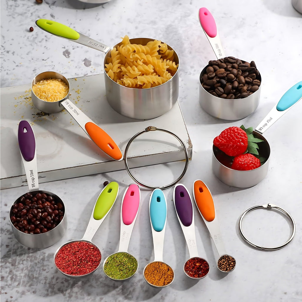 Measuring Cups and Spoons Set of 15, Kitchen Measuring Tool with Colored Silicone Handle, Including 5 Nesting Measuring Cups, 5 Spoons, 5 Mini Spoons Stainless Steel for Cooking Baking