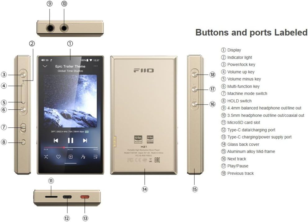 FiiO M21 Android 13 Hi-Res Music Player, Snapdragon 680, Blue-Black