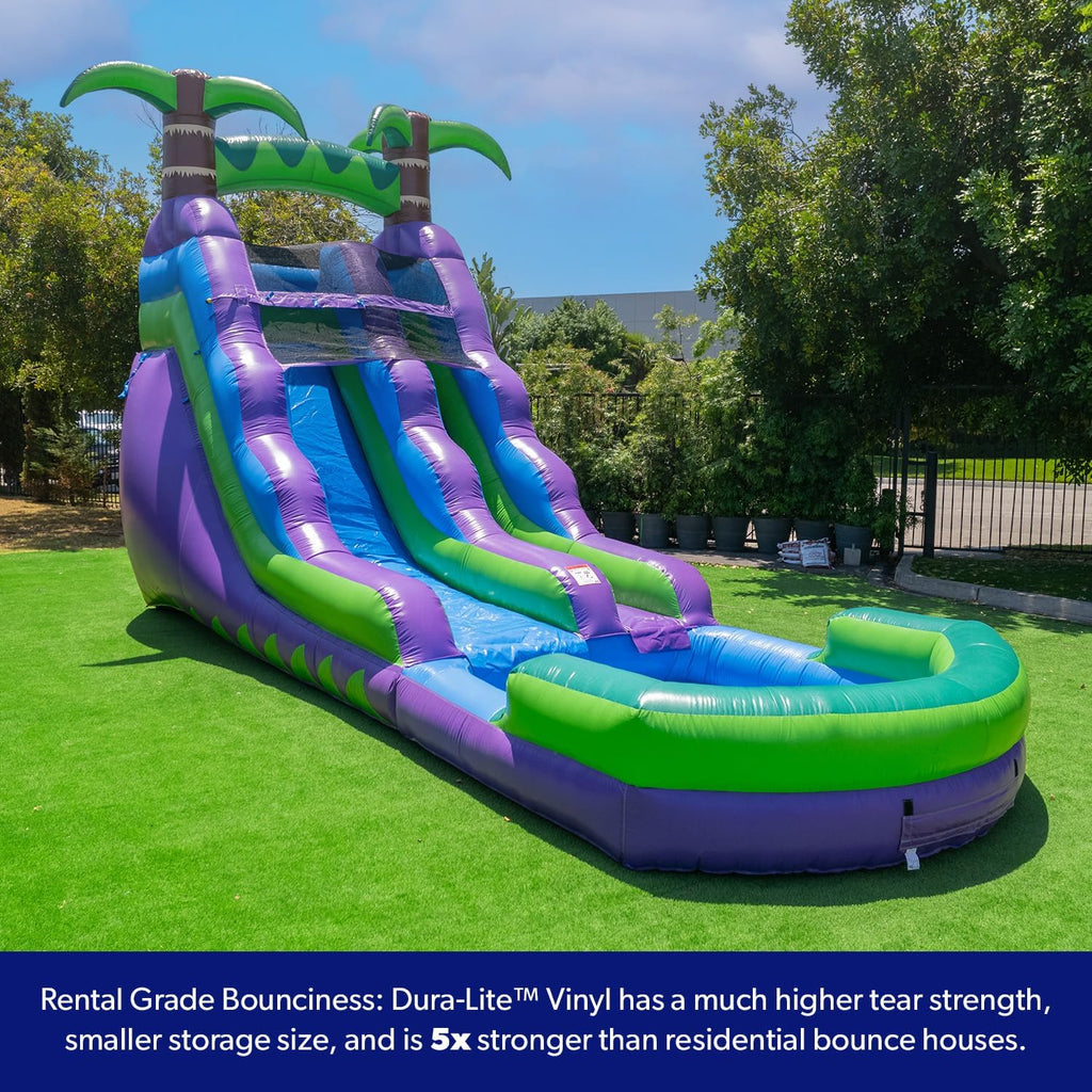 HeroKiddo 16' Purple Tropical Lightweight Premium Commercial Grade Water Slide Inflatable with Attached Pool for Kids and Adults (with Blower), Wet Dry Use, Summer Fun