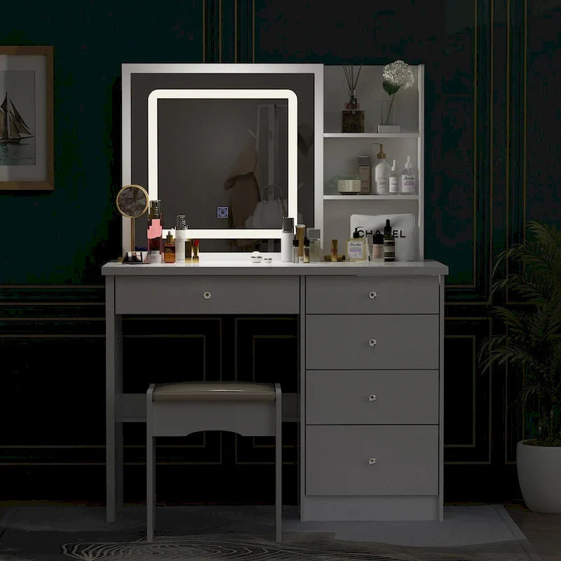 White Makeup Vanity Set with LED Mirror and Stool - 39.4" Wide