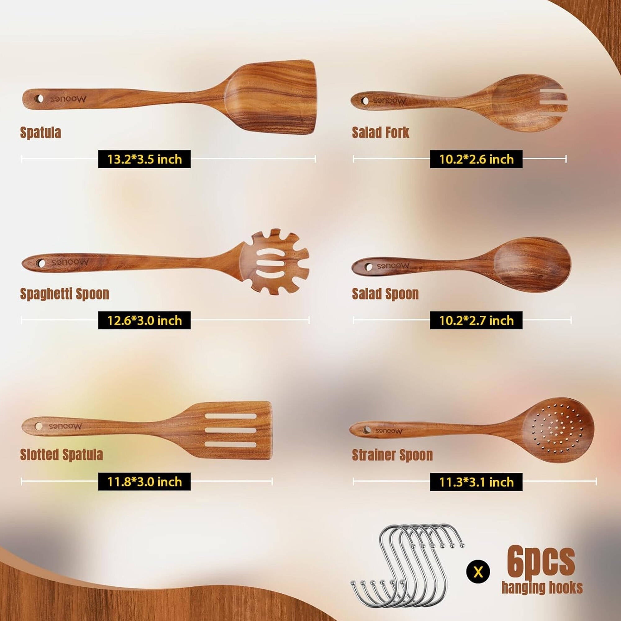 6-Piece Natural Teak Wooden Spoons for Cooking With 10 Hooks，Handcrafted Kitchen Utensils Set ，Ideal Gift Set