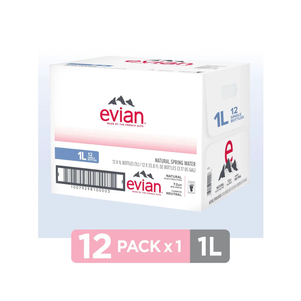 Evian Natural Spring Water 1L Bottles, 12 Pack - Pure Hydration