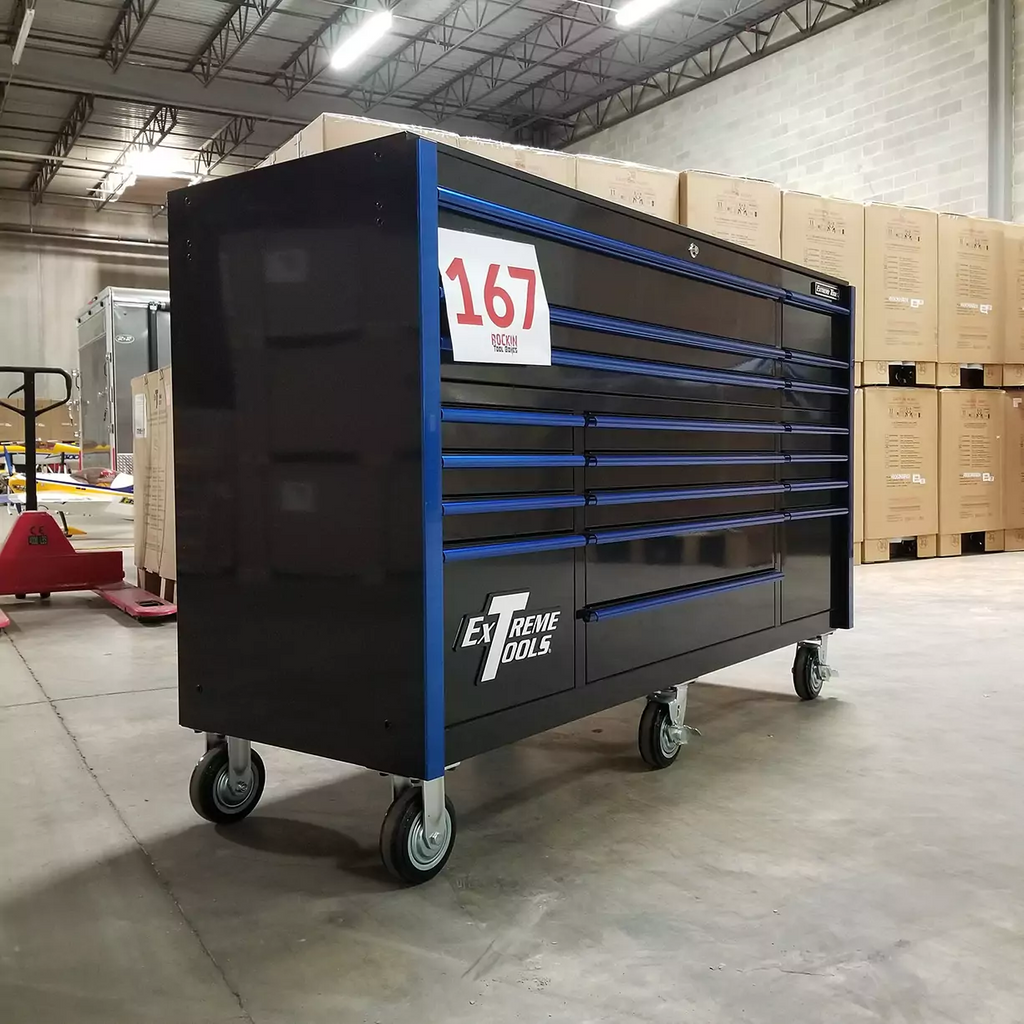 Extreme Tools RX Series 72" 19-Drawer Roller Cabinet, Black/Blue, Showroom Demo, 12-Gauge Steel, Full Extension Drawers