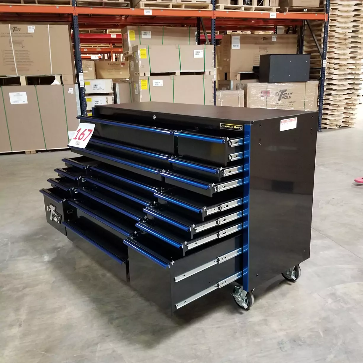 Extreme Tools RX Series 72" 19-Drawer Roller Cabinet, Black/Blue, Showroom Demo, 12-Gauge Steel, Full Extension Drawers