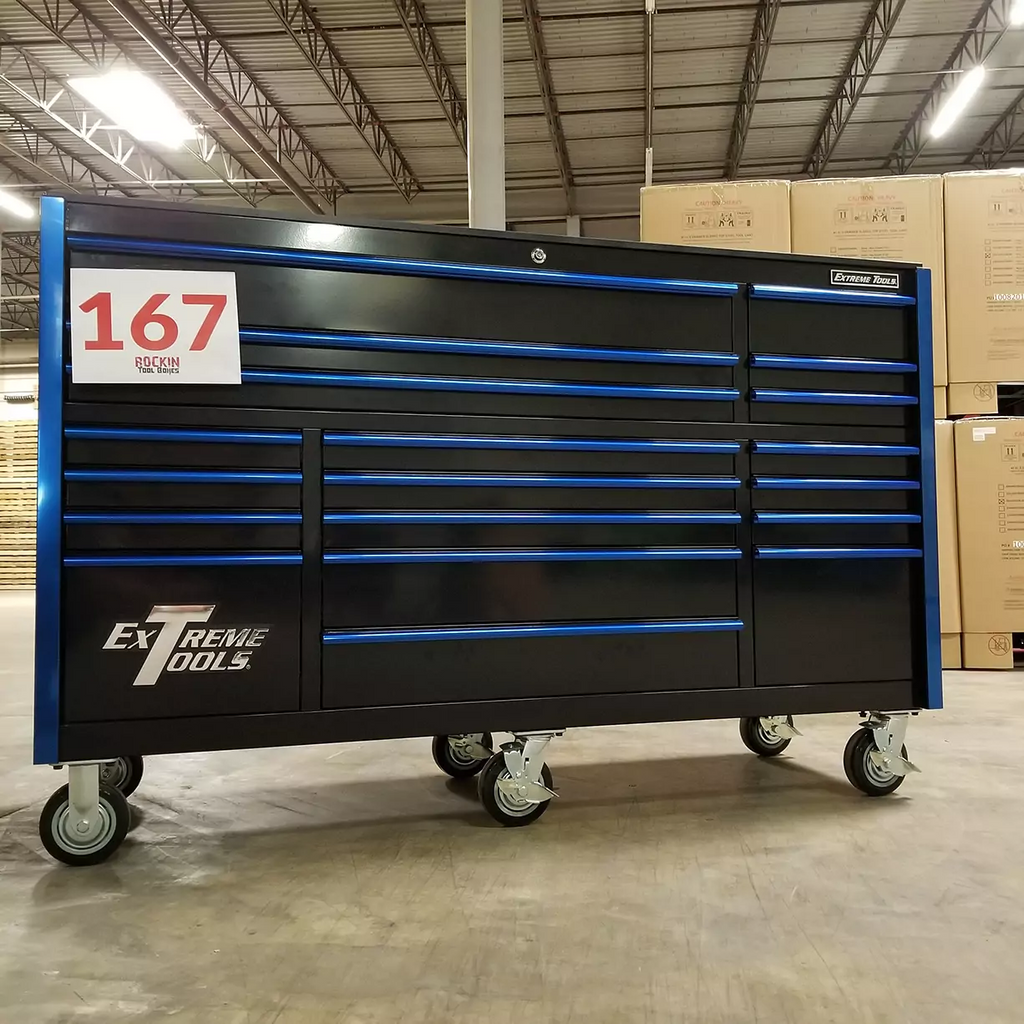 Extreme Tools RX Series 72" 19-Drawer Roller Cabinet, Black/Blue, Showroom Demo, 12-Gauge Steel, Full Extension Drawers