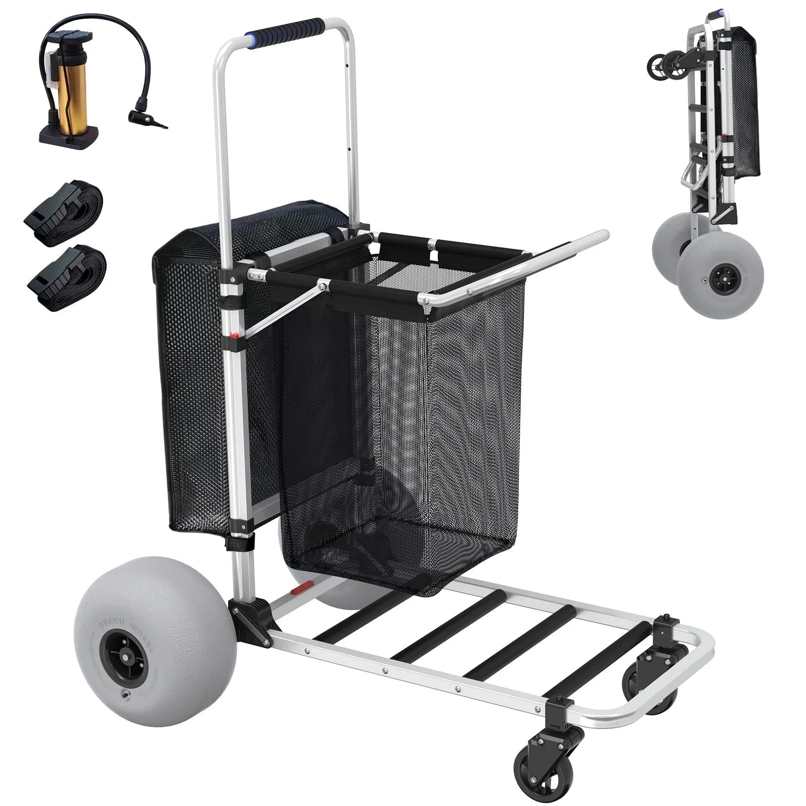 GDLF Foldable Beach Cart with Adjustable Handle and 12" Balloon Wheels, Heavy Duty Aluminum 220LBS Capacity