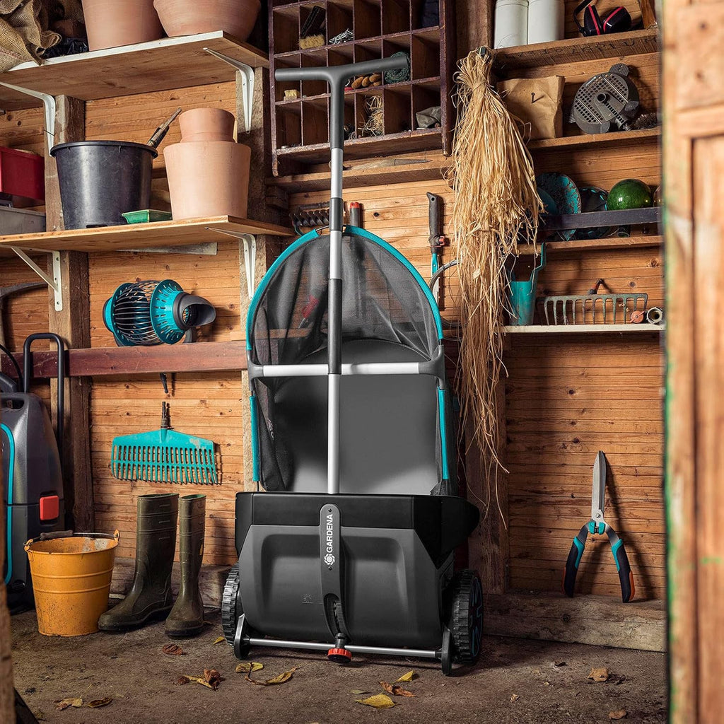 Gardena Leaf and Grass Collector, Manual, Plastic, 27.5" Cutting Width, Modern Style, Black/Turquoise/Orange/Gray, Model 03565-20