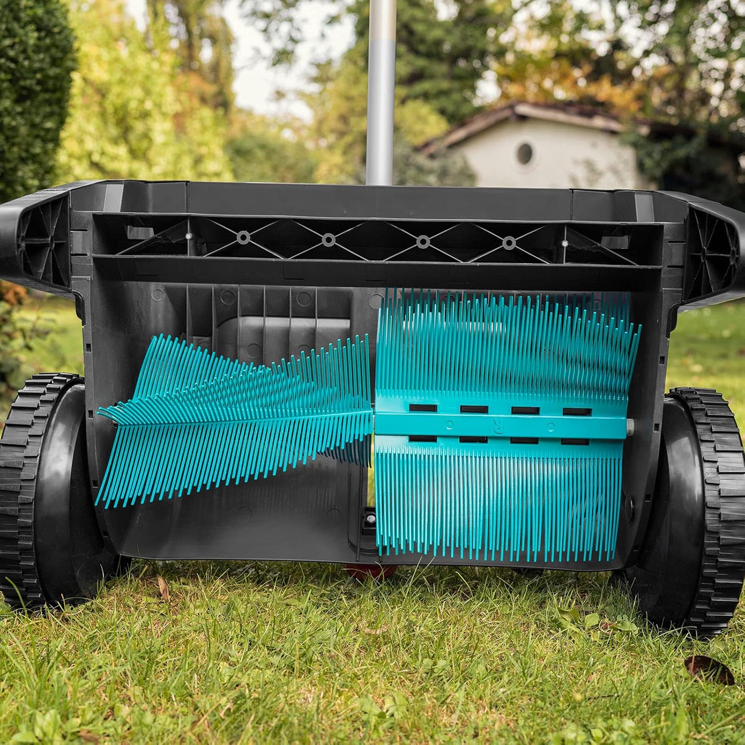 Gardena Leaf and Grass Collector, Manual, Plastic, 27.5" Cutting Width, Modern Style, Black/Turquoise/Orange/Gray, Model 03565-20