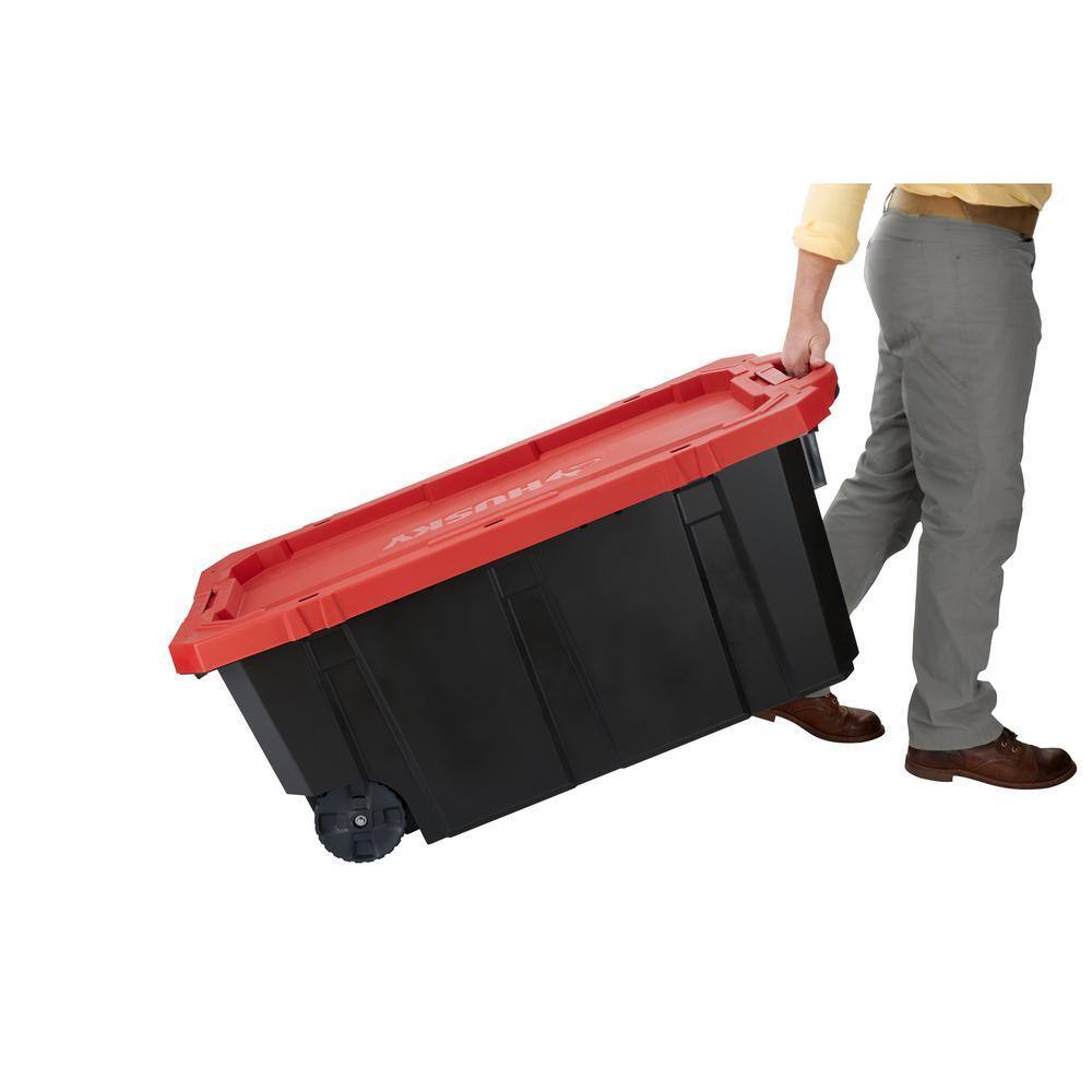 Husky 45 Gal. Heavy Duty Stackable Storage Tote with Wheels, Lockable Black Base & Red Lid