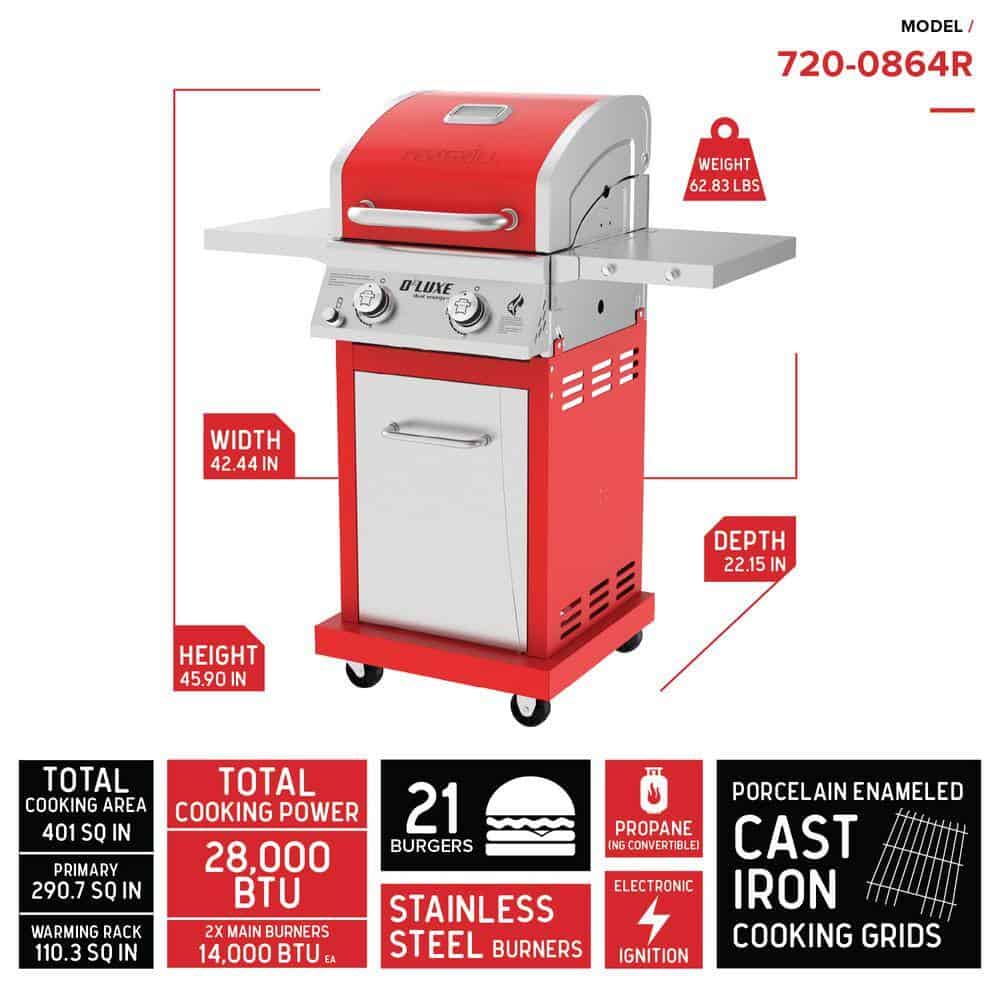 Nexgrill Deluxe 2-Burner Gas Grill Red - Stainless Steel, 28,000 BTUs, Compact, Convertible to Natural Gas