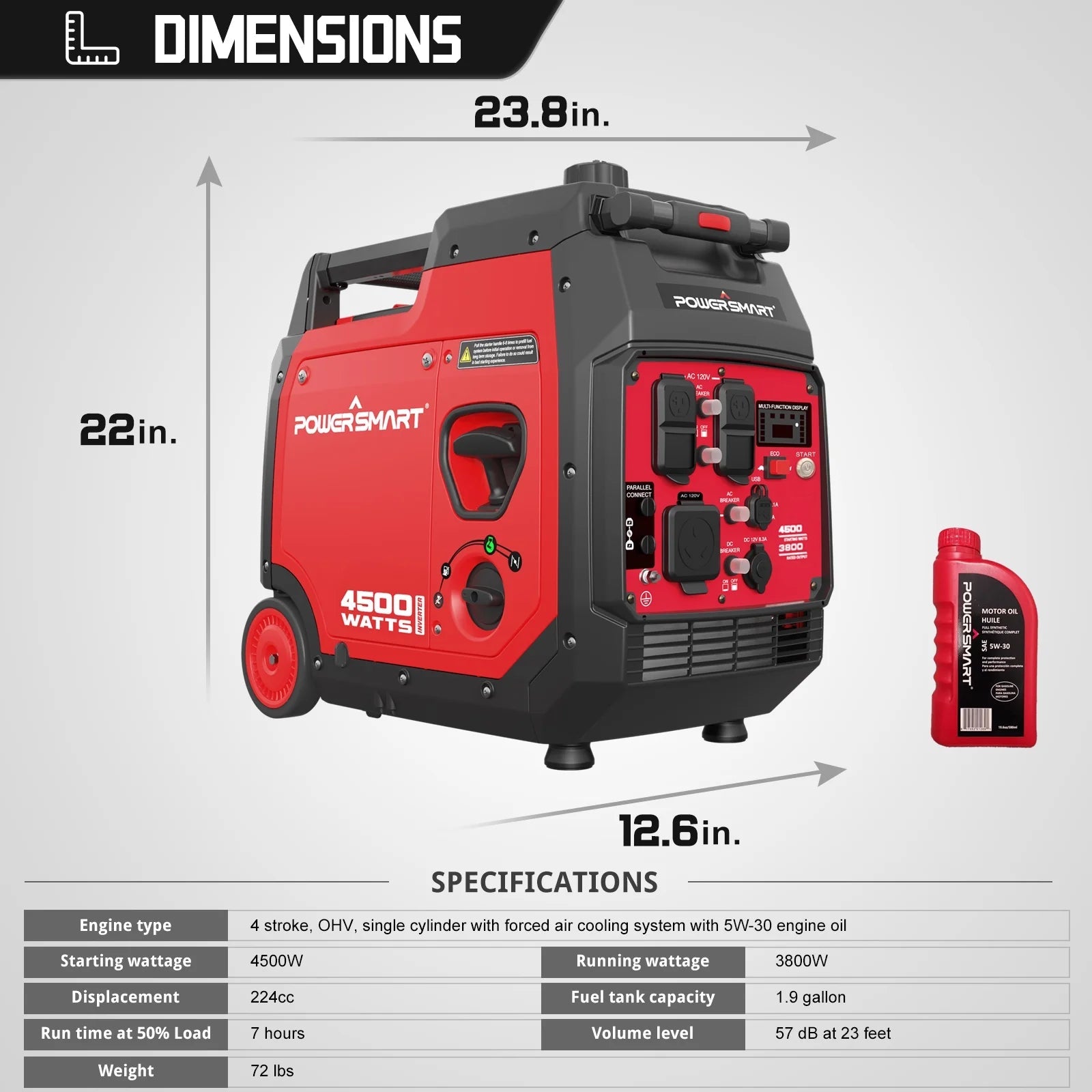 PowerSmart 4500W Gas Inverter Generator, Electric Start, Super Quiet, Portable, for Outdoor Use
