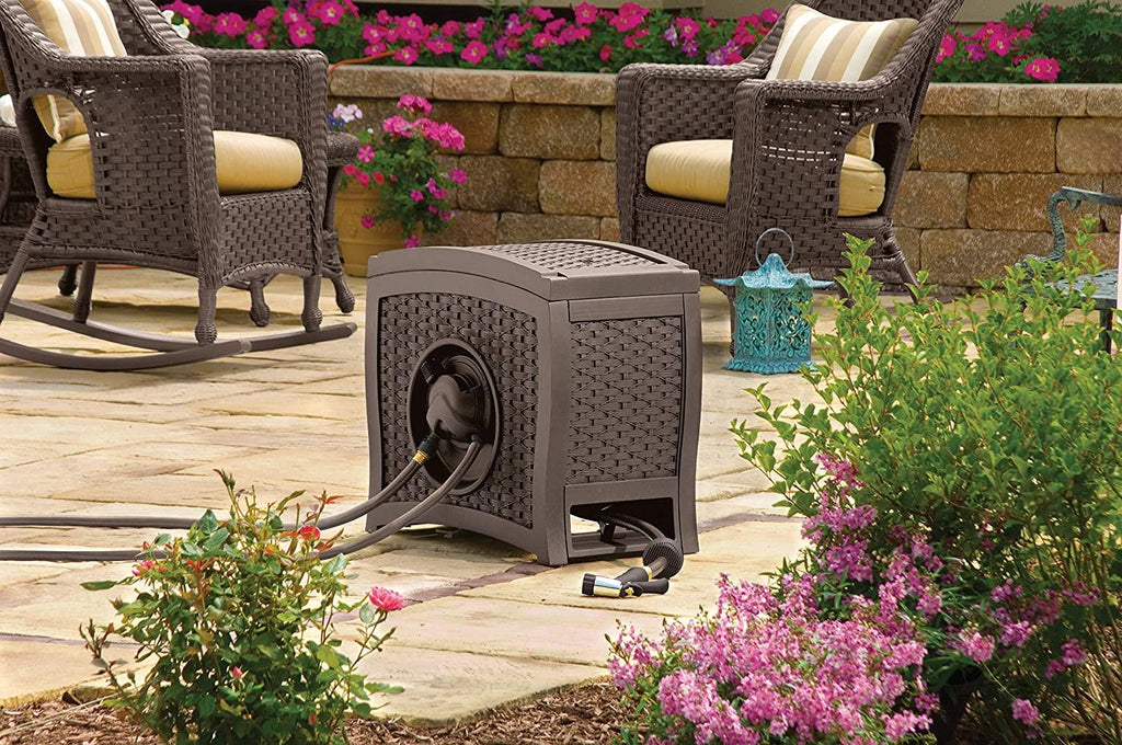 Suncast Aquawinder 125' Wicker Garden Hose Reel - Automatic Water-Powered Retractable, Java