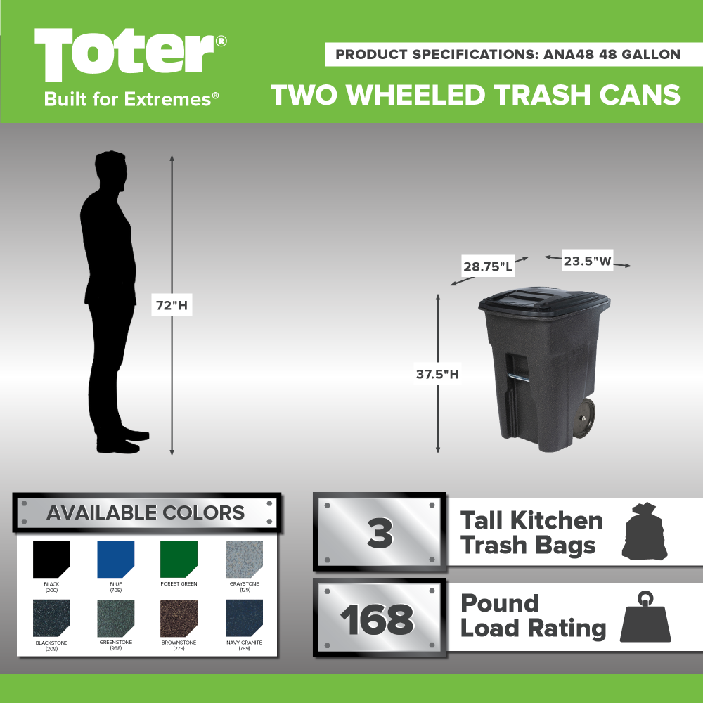 Toter 48 Gallon Green Trash Can with Quiet Wheels and Lid for Curbside Collection