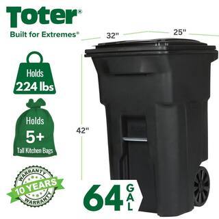 Toter 64 Gallon Black Outdoor Trash Can with Wheels & Lid - Durable, Recyclable, Seamless Design