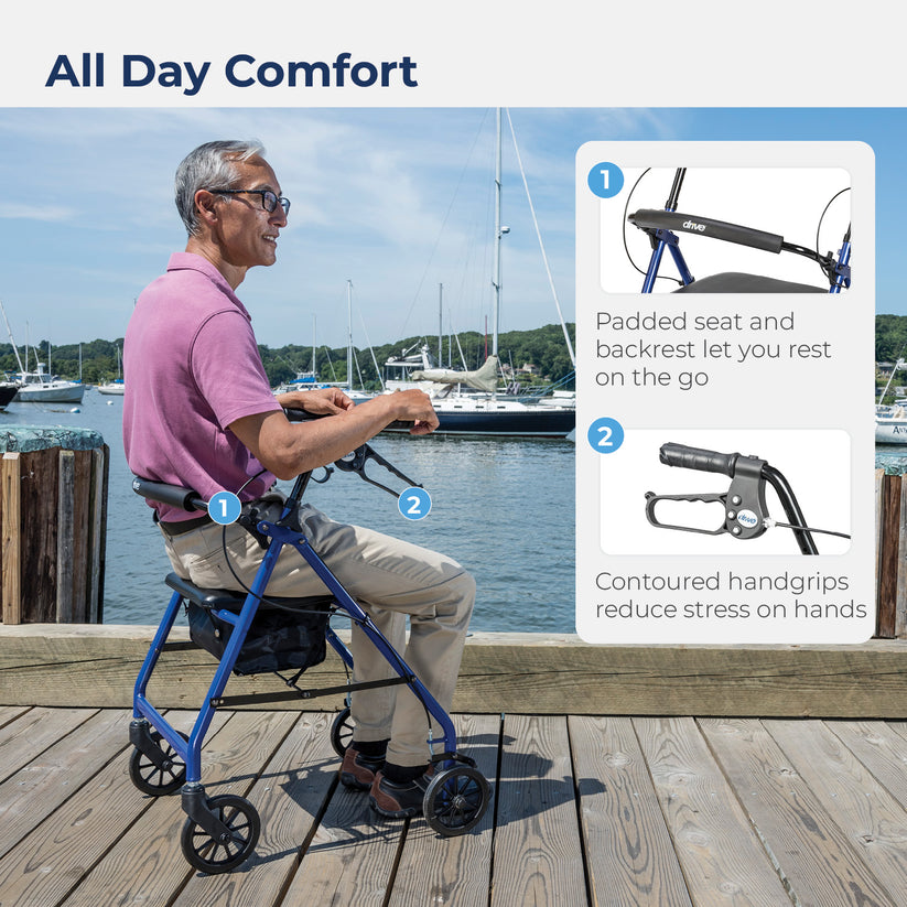 Drive Medical 4-Wheel Rollator Walker, Foldable, Padded Seat & Backrest, 6-Inch Wheels, Blue